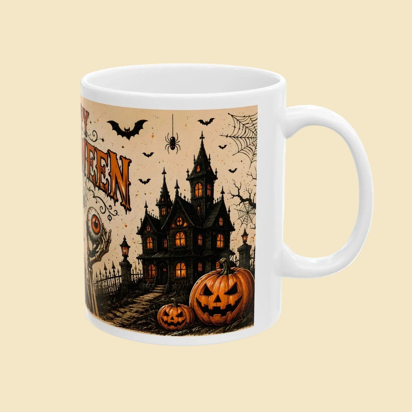 Happy Halloween Skeleton Mug | Spooky Eyeball Black Cat Coffee Cup | Halloween Gift 11oz 15oz