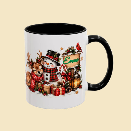 Personalized Christmas Mug, Custom Name Reindeer Mug, Snowman Holiday Coffee Cup, Christmas Gift