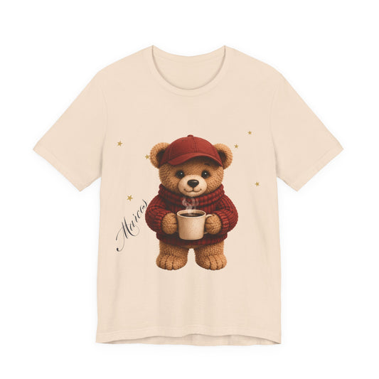 Personalized Teddy Bear Coffee Shirt with Custom Name, Cute Bear Gift, Teddy Bear in Cap T-Shirt