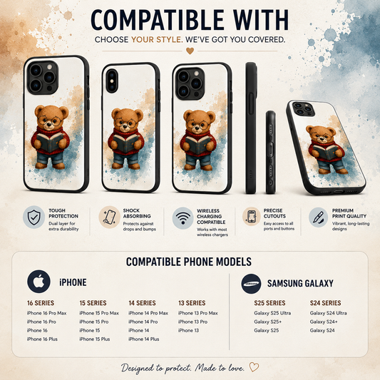 Personalized Teddy Bear Phone Case | Cute Book Lover iPhone & Samsung Case | Custom Name Floral