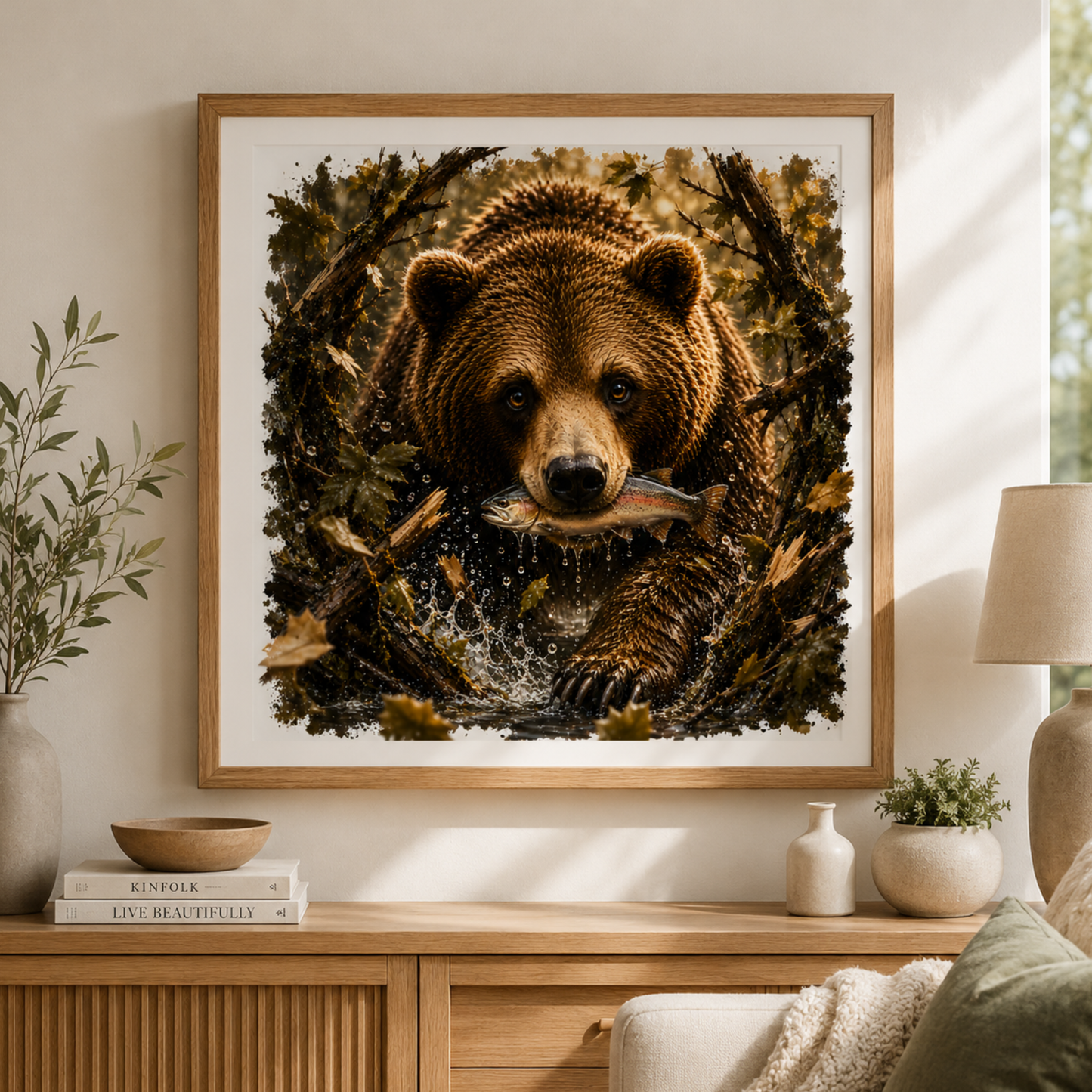 Fishing Teddy Bear Printable, Square Bear Wall Art, Woodland Digital Download, Rustic Cabin & Nursery Decor