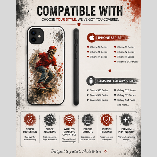 Skeleton Skateboard Phone Case | Gothic Skater iPhone & Samsung Case | Vintage Streetwear Cover
