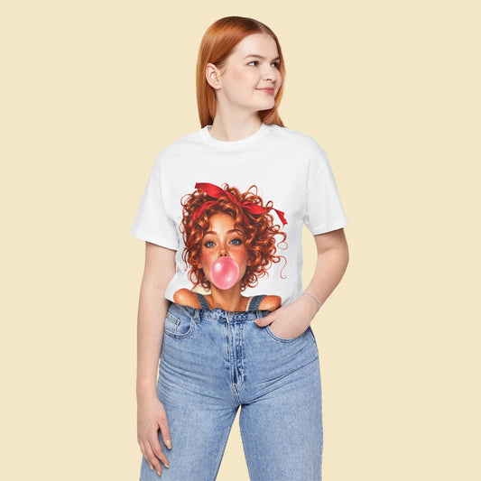Redhead Girl Bubblegum T-Shirt – Curly Hair Freckled Girl Graphic Tee