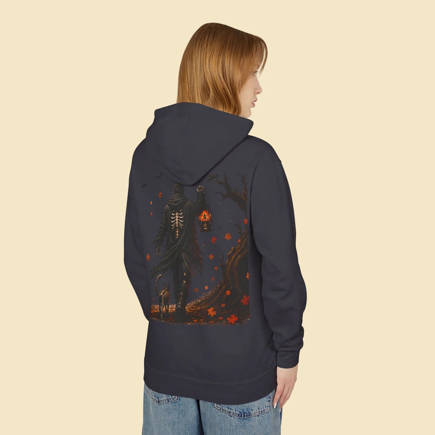Skeleton Lantern Hoodie, Gothic Halloween Sweatshirt, Dark Fantasy Skeleton Cat Hoodie, Fall Graphic Hoodie