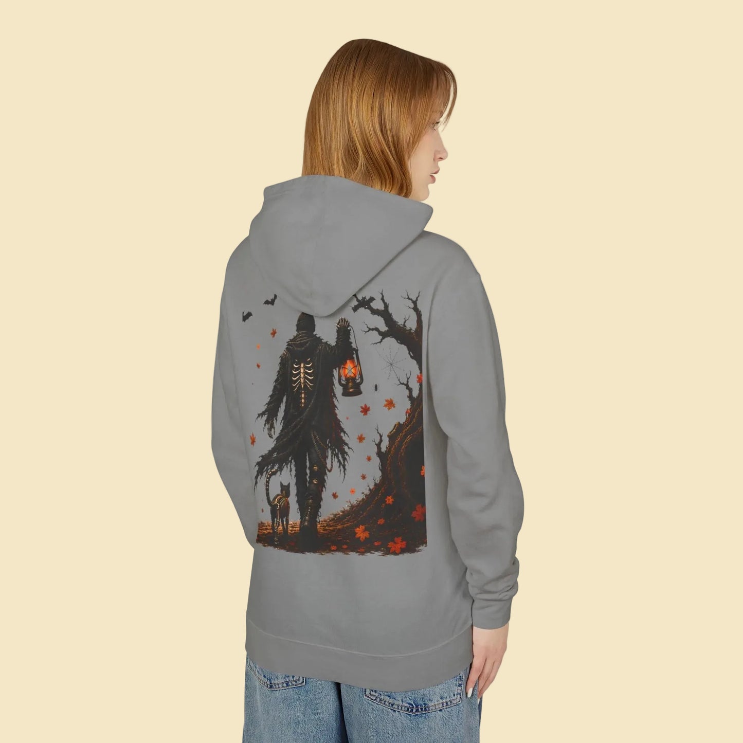 Skeleton Lantern Hoodie, Gothic Halloween Sweatshirt, Dark Fantasy Skeleton Cat Hoodie, Fall Graphic Hoodie