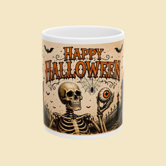 Happy Halloween Skeleton Mug | Spooky Eyeball Black Cat Coffee Cup | Halloween Gift 11oz 15oz