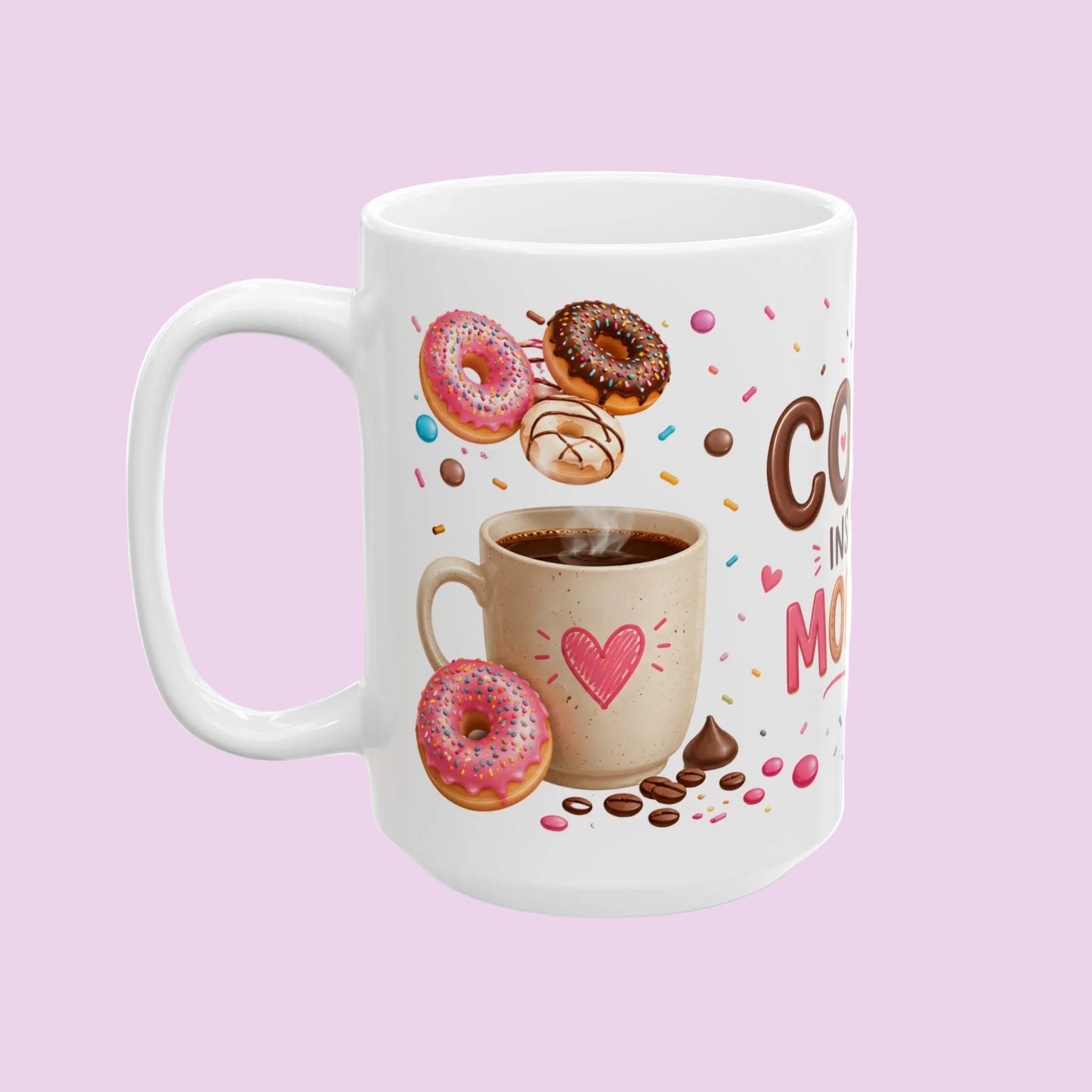 Coffee inspires my morning cup, donut-shaped coffee mug, adorable gift for coffee, cup of colorful treats