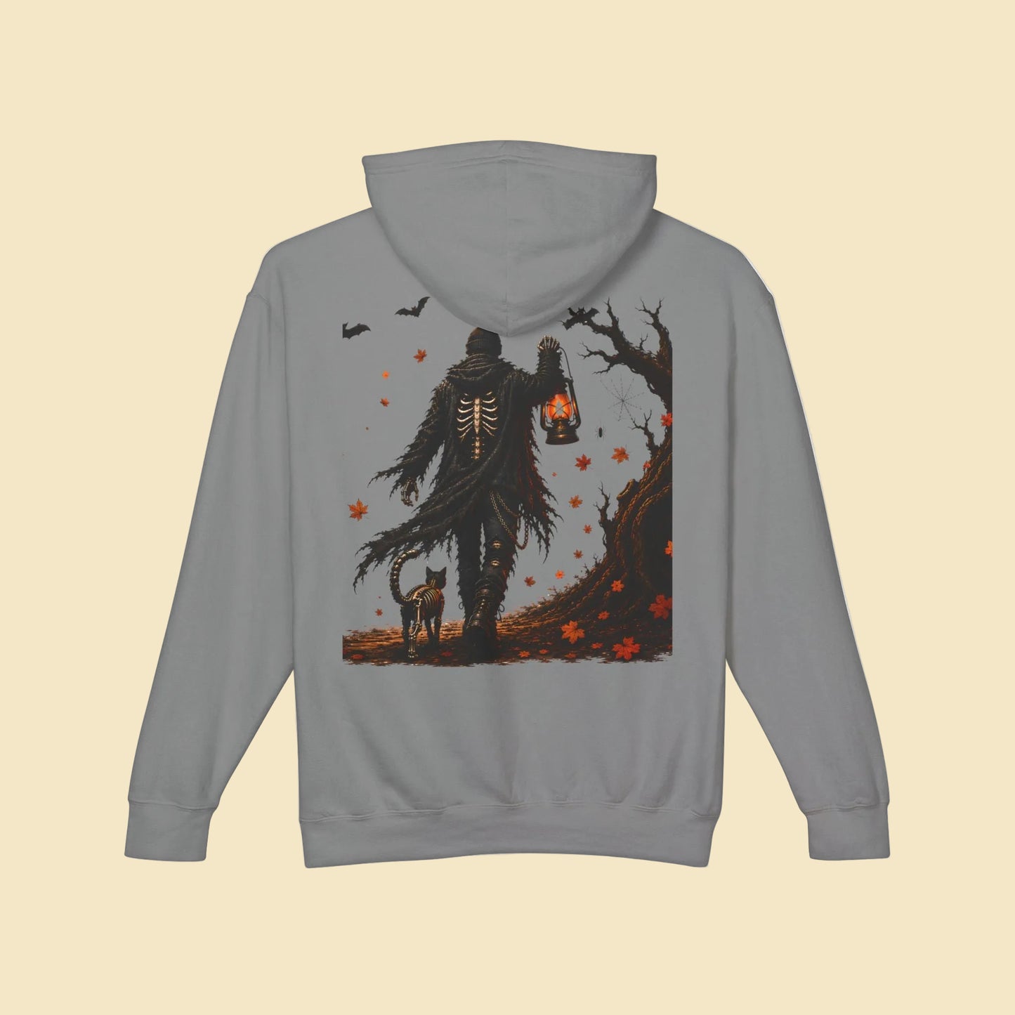 Skeleton Lantern Hoodie, Gothic Halloween Sweatshirt, Dark Fantasy Skeleton Cat Hoodie, Fall Graphic Hoodie