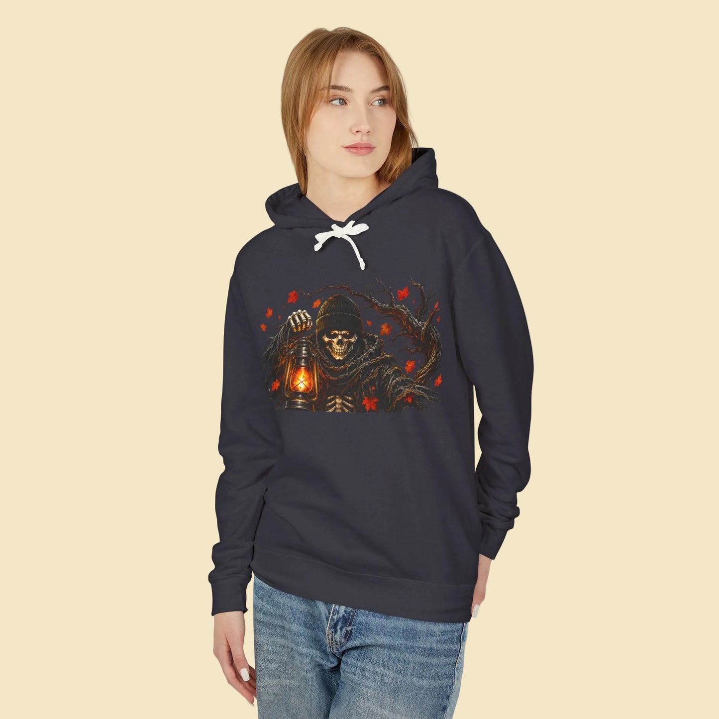 Skeleton Lantern Hoodie, Gothic Halloween Sweatshirt, Dark Fantasy Skeleton Cat Hoodie, Fall Graphic Hoodie