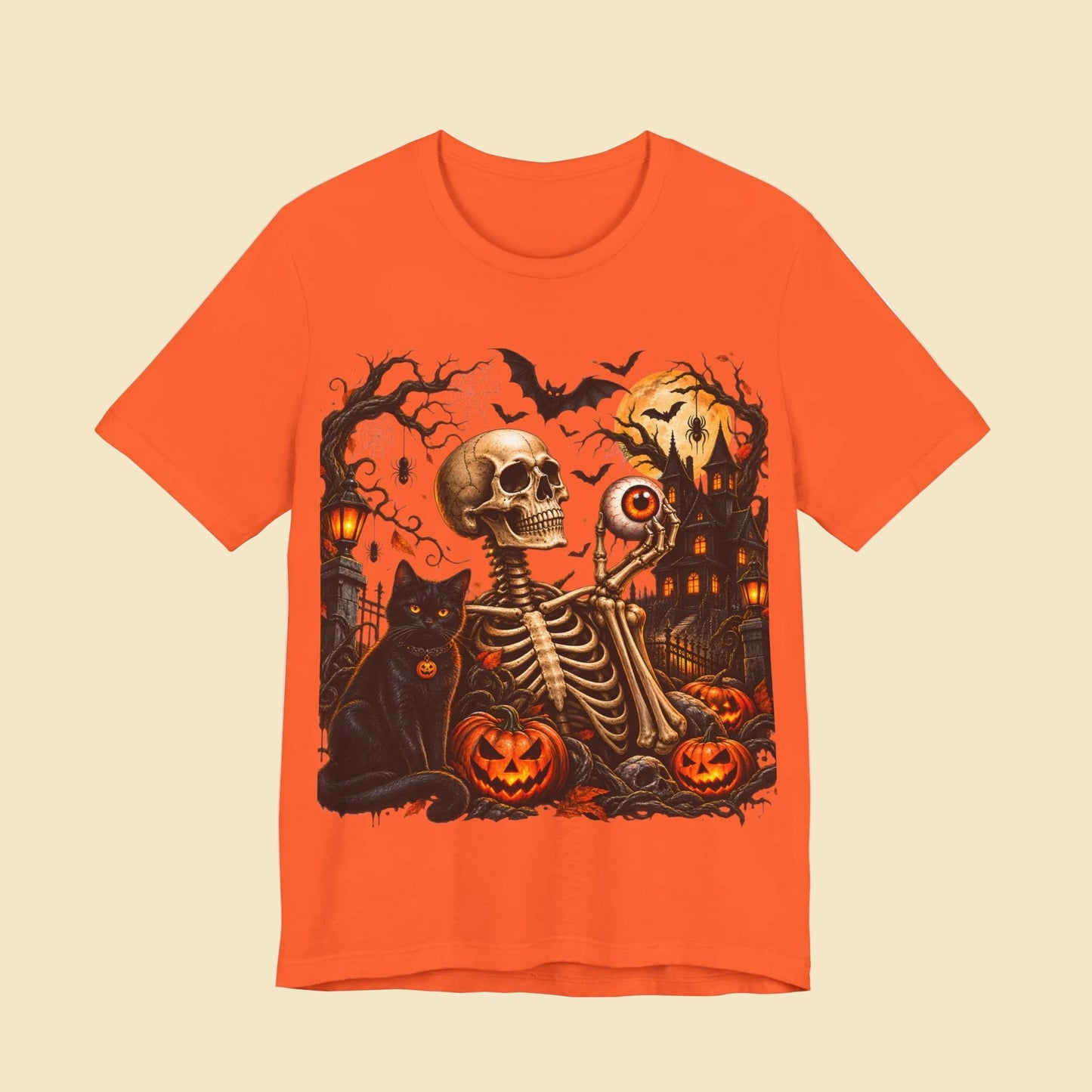 Gothic skeleton t-shirt with cat and black eyes | Spooky skull shirt | Haunted house Halloween t-shirt