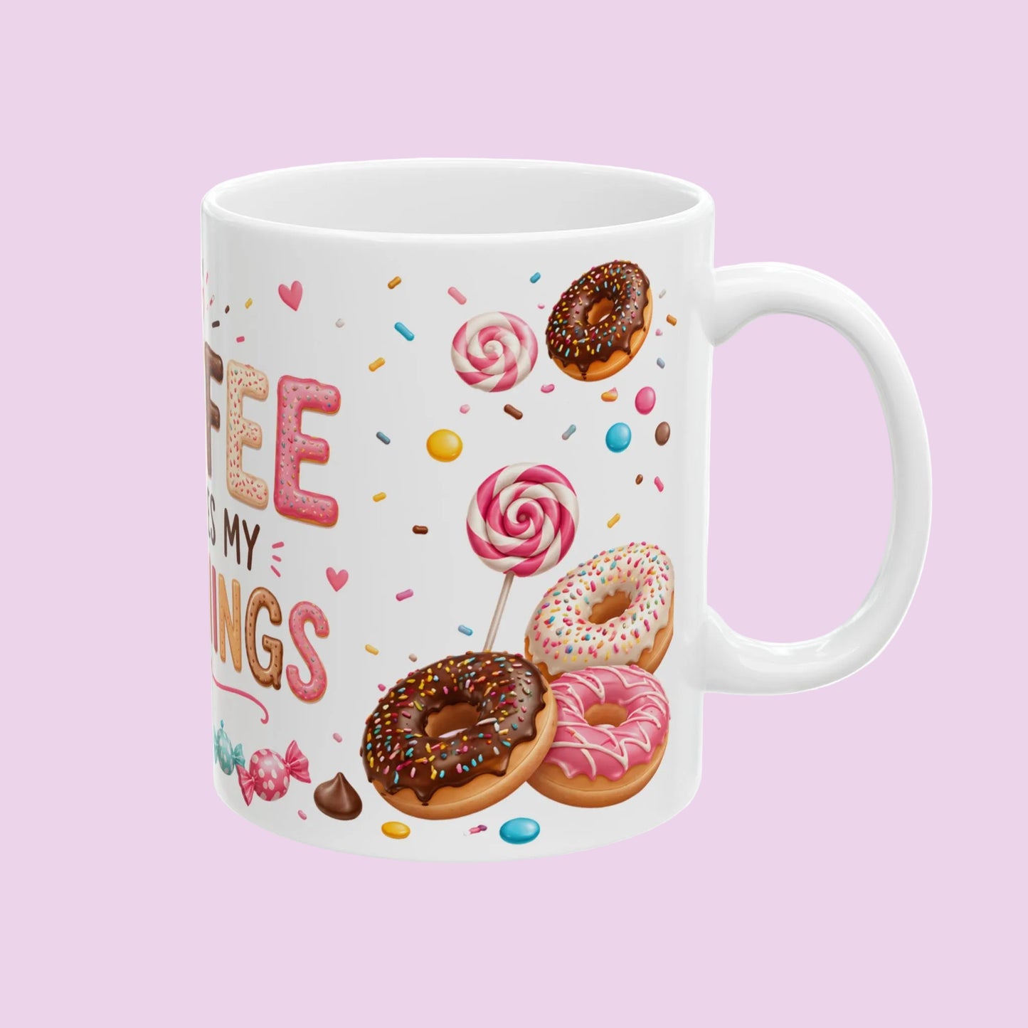 Coffee inspires my morning cup, donut-shaped coffee mug, adorable gift for coffee, cup of colorful treats