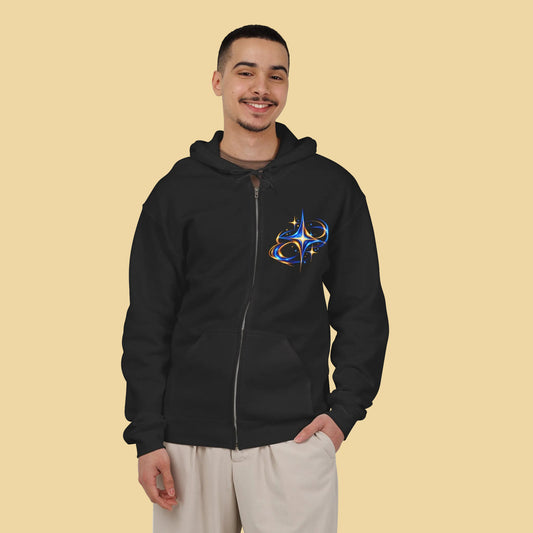 Men's Neon Silhouette Zip-Up Hoodie | Electric Blue & Gold Graphic Streetwear Sweatshirt