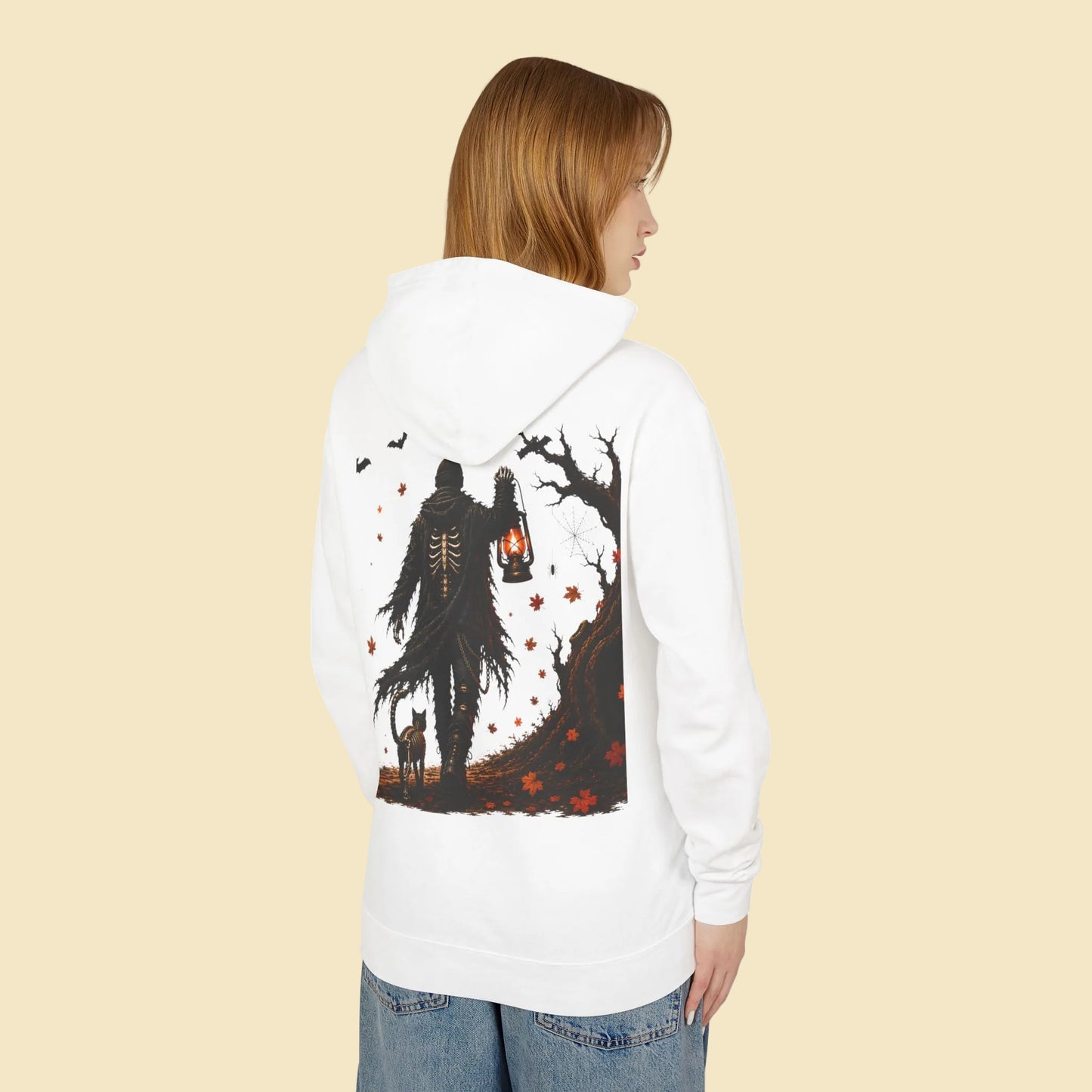 Skeleton Lantern Hoodie, Gothic Halloween Sweatshirt, Dark Fantasy Skeleton Cat Hoodie, Fall Graphic Hoodie