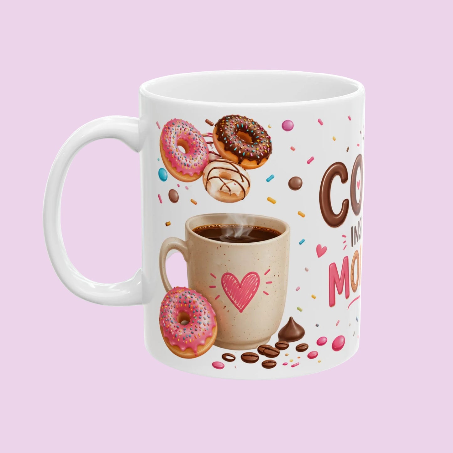 Coffee inspires my morning cup, donut-shaped coffee mug, adorable gift for coffee, cup of colorful treats