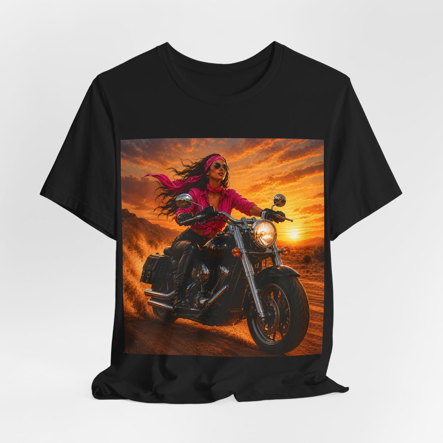 Sunset Freedom Motorcycle Shirt | Women Biker Tee | Pink Bandana Rider | Cruiser Motorcycle Graphic | Motorcycle Lover Gift