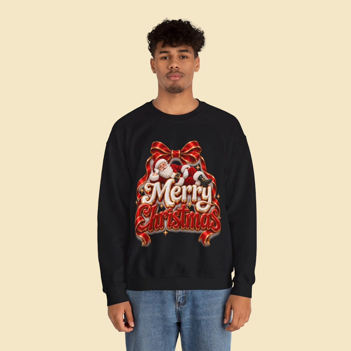 Merry Christmas Sweatshirt, Santa Claus Crewneck, Christmas Bow Sweater, Festive Holiday Sweatshirt, Christmas Gift