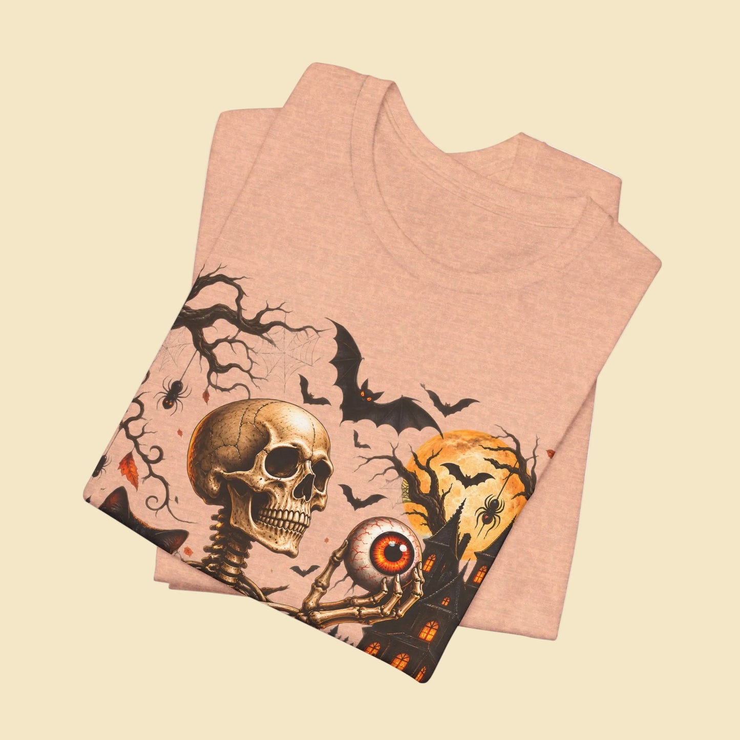 Gothic skeleton t-shirt with cat and black eyes | Spooky skull shirt | Haunted house Halloween t-shirt