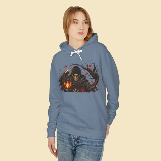 Skeleton Lantern Hoodie, Gothic Halloween Sweatshirt, Dark Fantasy Skeleton Cat Hoodie, Fall Graphic Hoodie