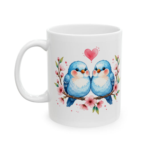 Watercolor Love Birds Coffee Mug | Blue Parakeet Floral Ceramic Mug | Gift for Bird Lovers
