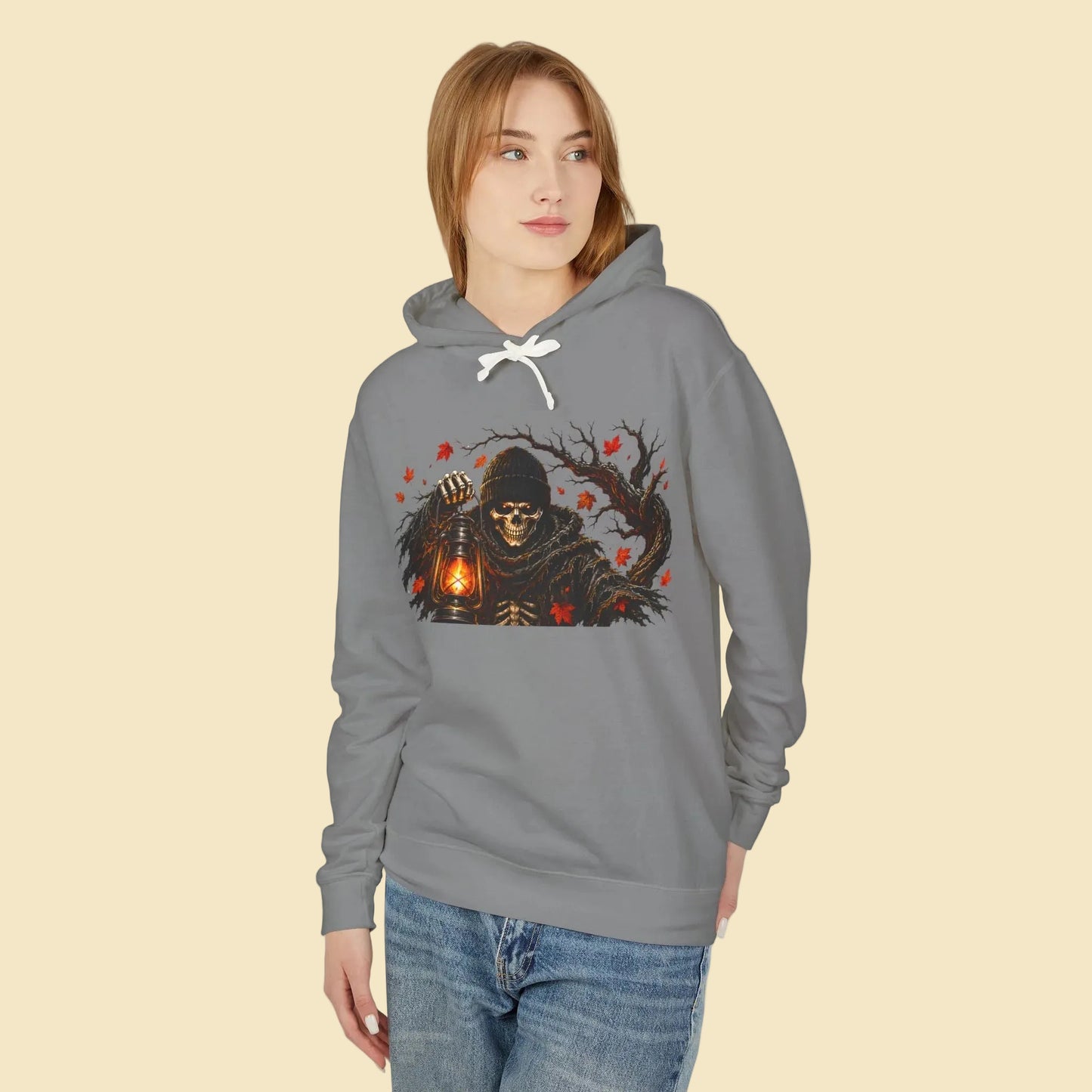 Skeleton Lantern Hoodie, Gothic Halloween Sweatshirt, Dark Fantasy Skeleton Cat Hoodie, Fall Graphic Hoodie