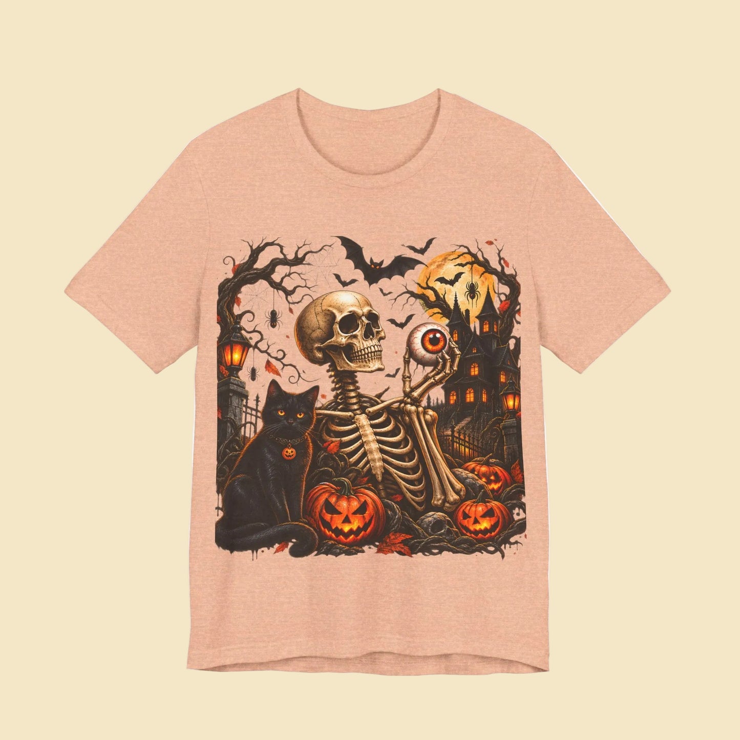 Gothic skeleton t-shirt with cat and black eyes | Spooky skull shirt | Haunted house Halloween t-shirt