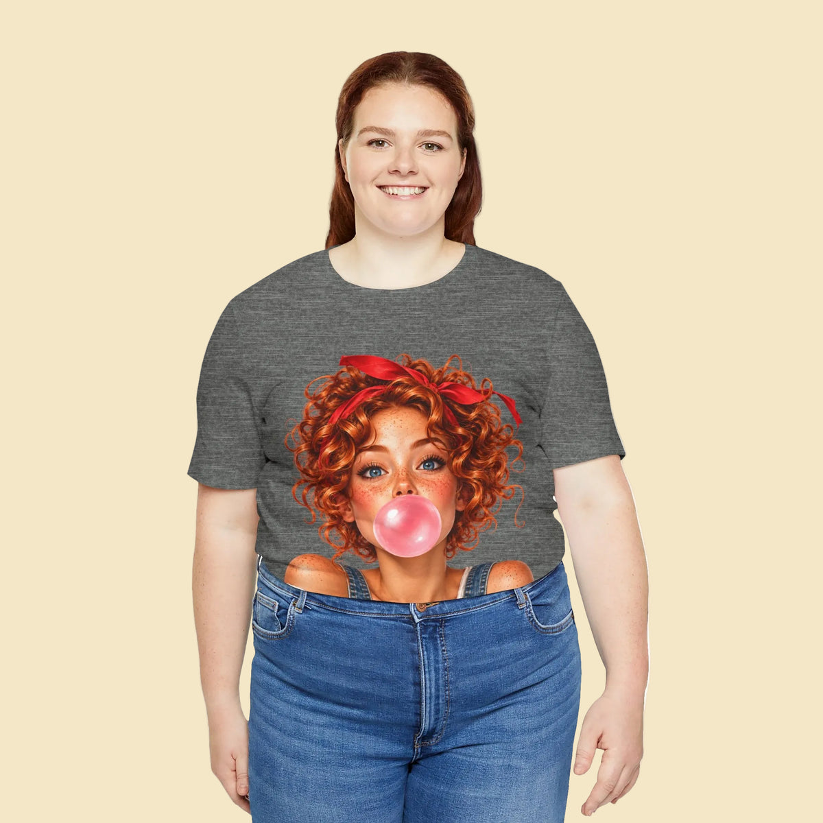 Redhead Girl Bubblegum T-Shirt – Curly Hair Freckled Girl Graphic Tee
