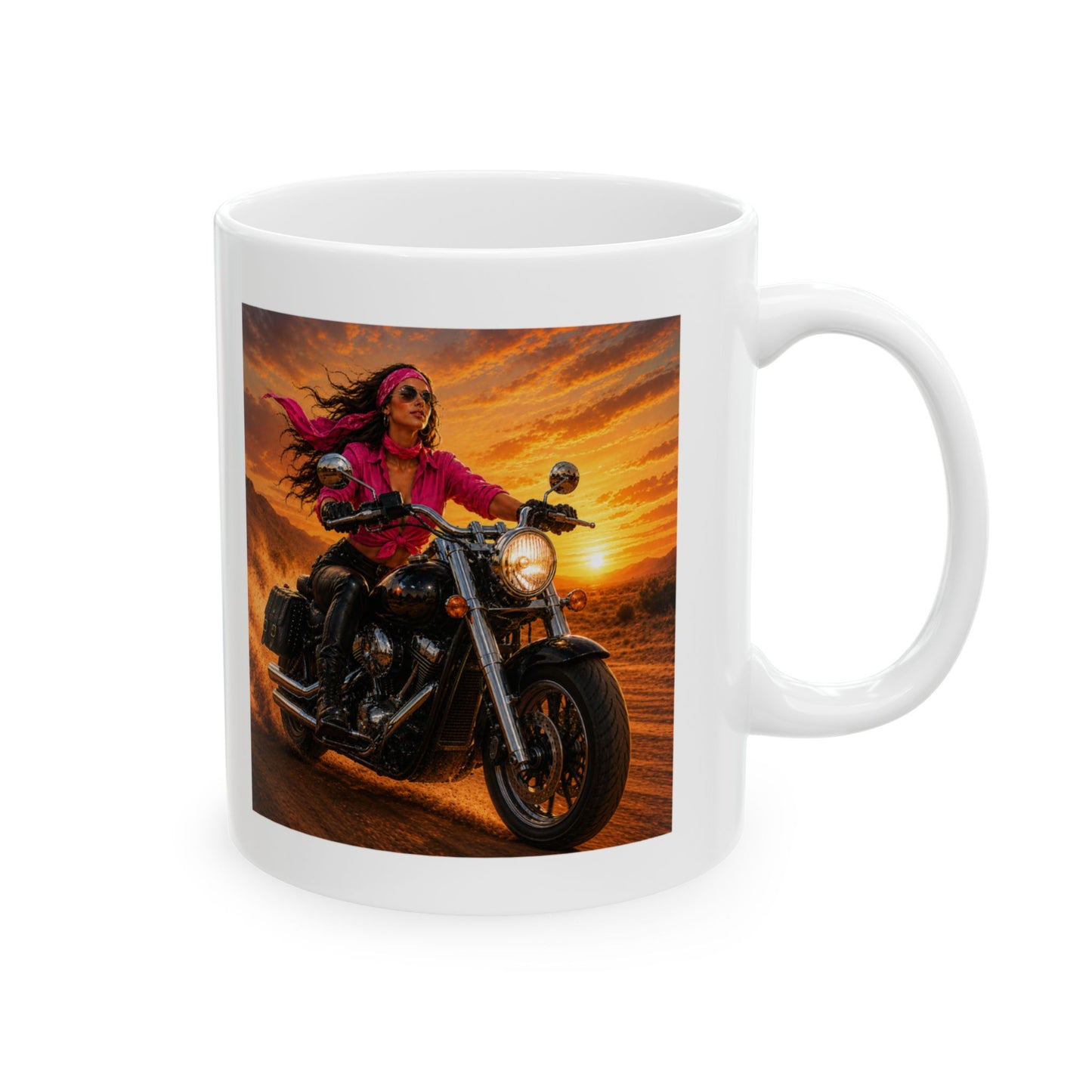 Sunset Motorcycle Mug | Women Biker Coffee Mug | Cruiser Motorcycle Gift | Motorcycle Lover Cup | Pink Bandana Rider