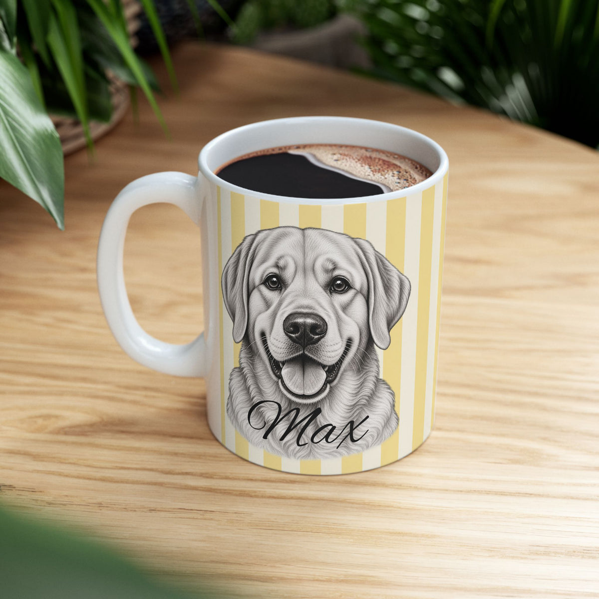 Personalized Labrador Retriever Mug, Custom Dog Name Coffee Cup, Black-and-White Dog Portrait Gift