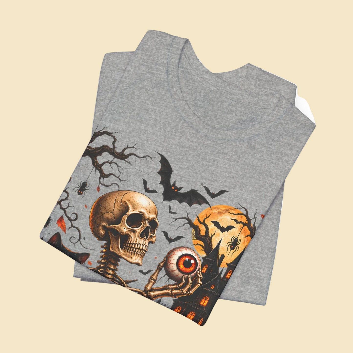 Gothic skeleton t-shirt with cat and black eyes | Spooky skull shirt | Haunted house Halloween t-shirt