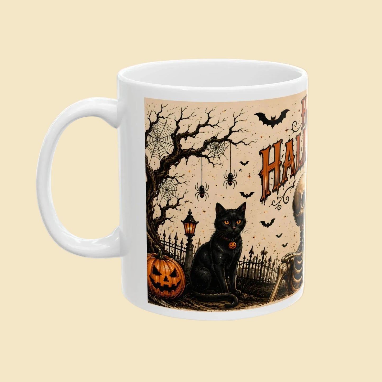 Happy Halloween Skeleton Mug | Spooky Eyeball Black Cat Coffee Cup | Halloween Gift 11oz 15oz