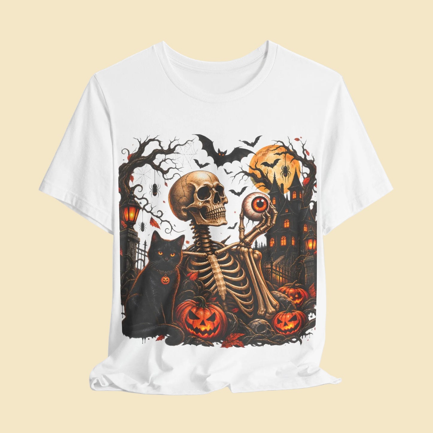 Gothic skeleton t-shirt with cat and black eyes | Spooky skull shirt | Haunted house Halloween t-shirt