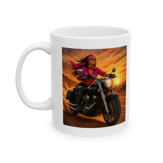 Sunset Motorcycle Mug | Women Biker Coffee Mug | Cruiser Motorcycle Gift | Motorcycle Lover Cup | Pink Bandana Rider