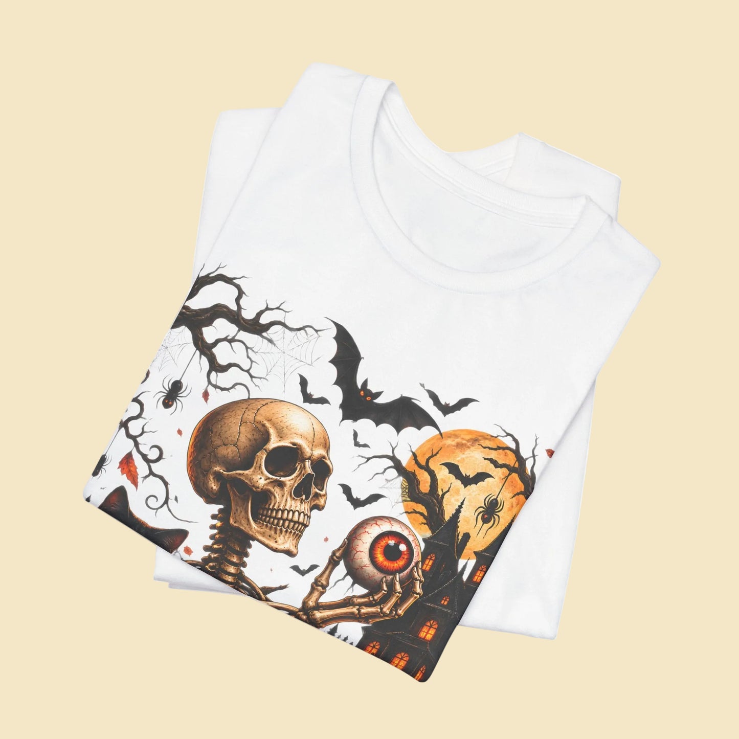 Gothic skeleton t-shirt with cat and black eyes | Spooky skull shirt | Haunted house Halloween t-shirt
