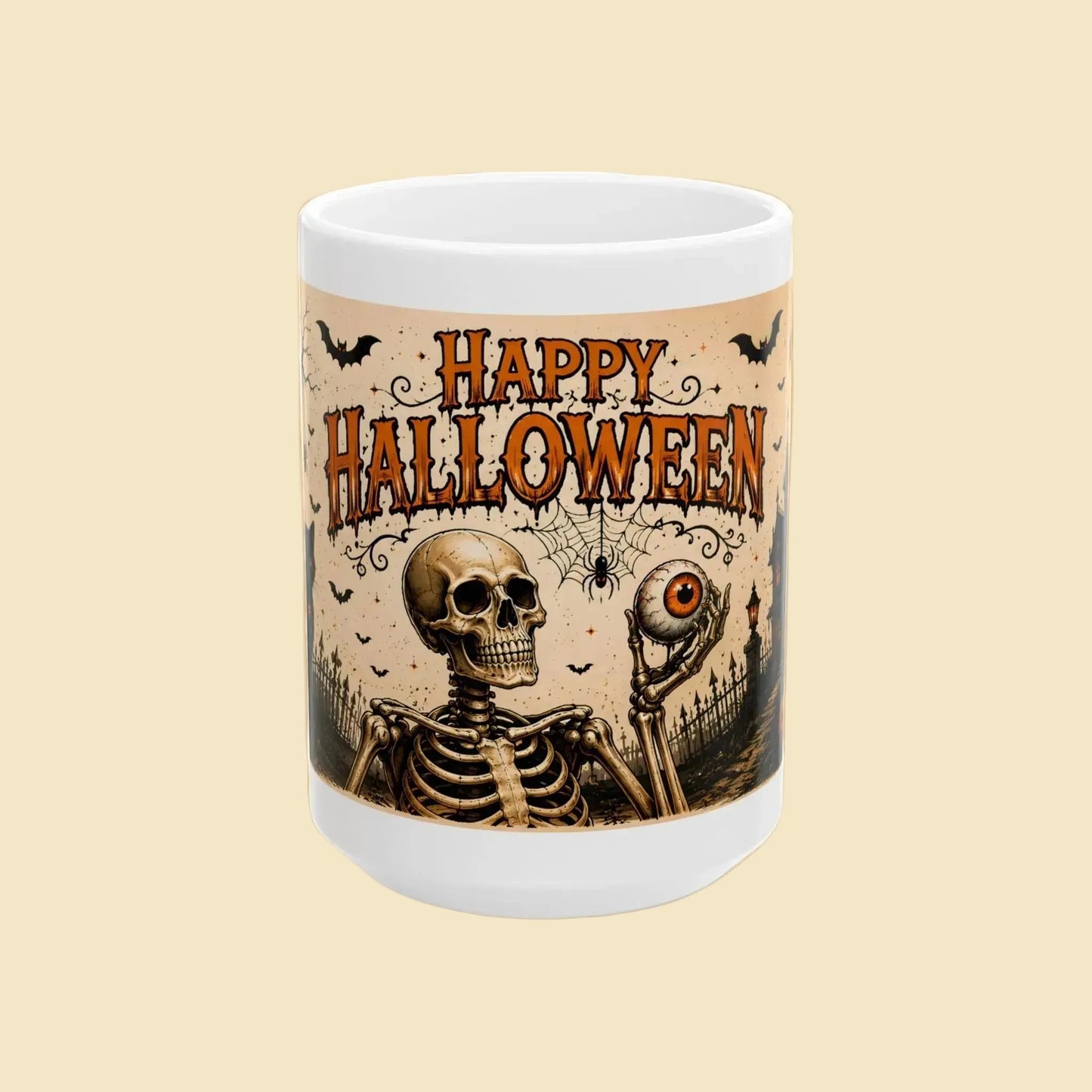 Happy Halloween Skeleton Mug | Spooky Eyeball Black Cat Coffee Cup | Halloween Gift 11oz 15oz