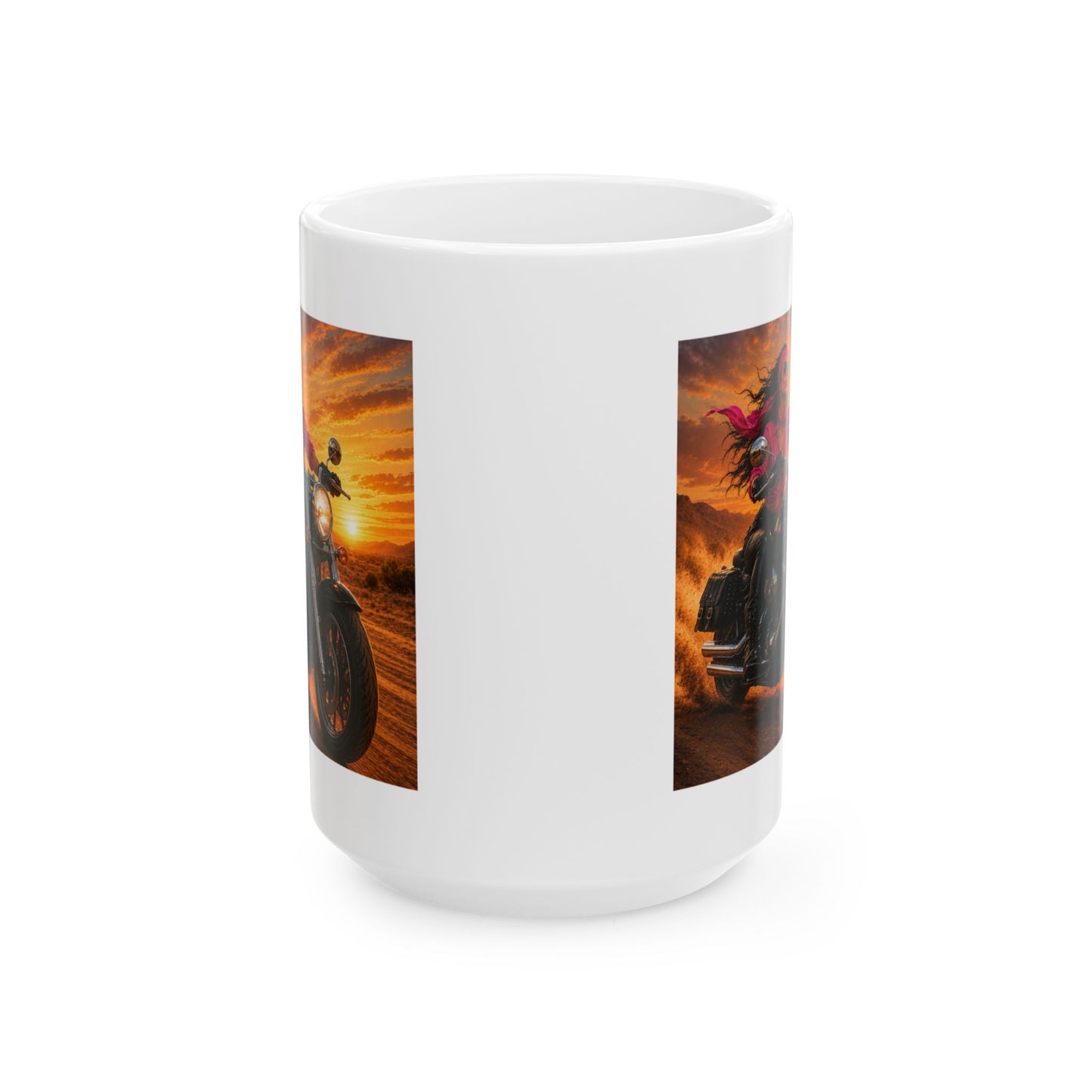 Sunset Motorcycle Mug | Women Biker Coffee Mug | Cruiser Motorcycle Gift | Motorcycle Lover Cup | Pink Bandana Rider