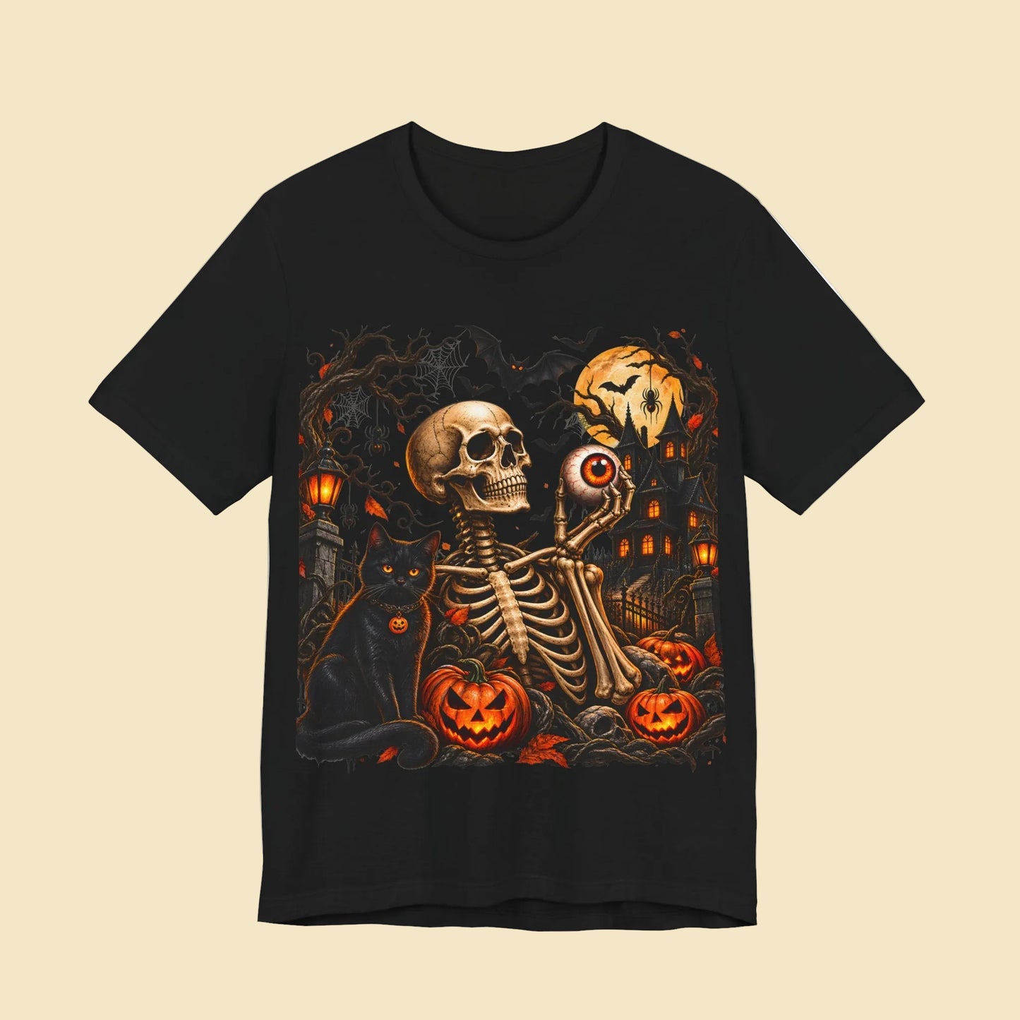 Gothic skeleton t-shirt with cat and black eyes | Spooky skull shirt | Haunted house Halloween t-shirt