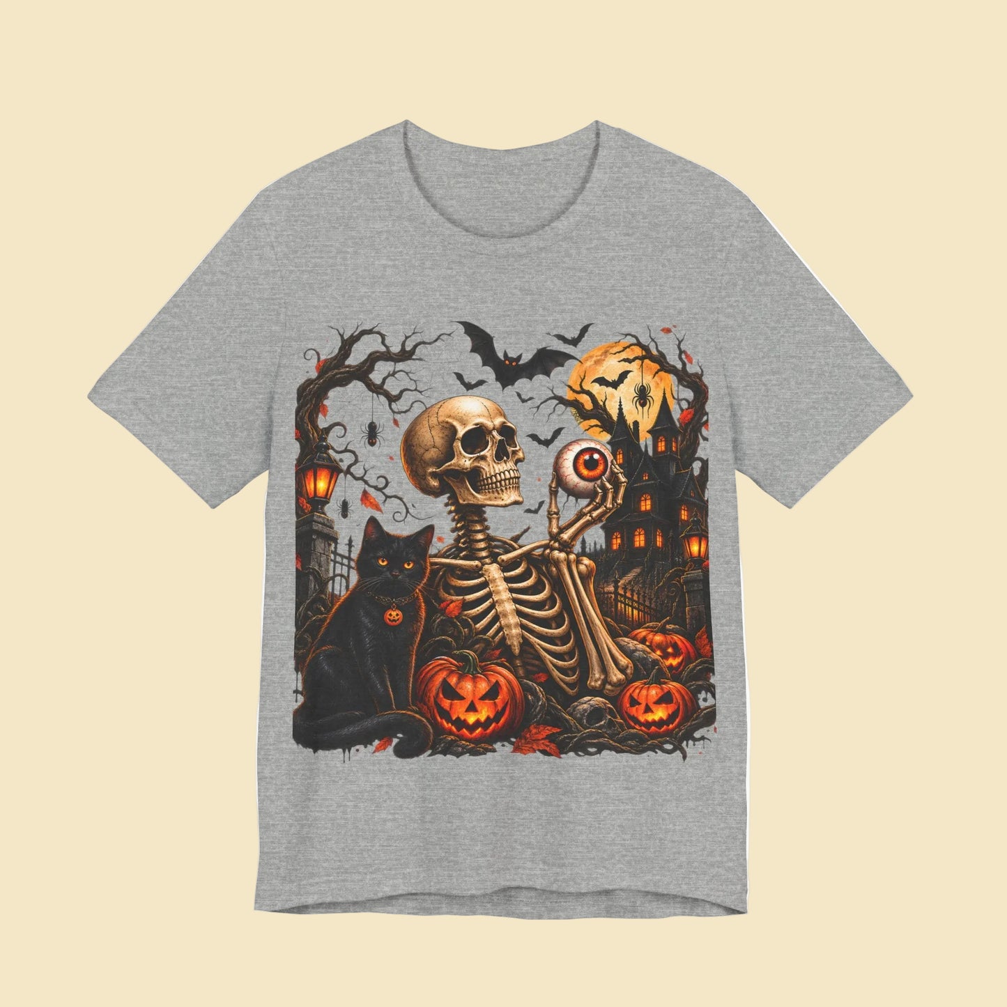 Gothic skeleton t-shirt with cat and black eyes | Spooky skull shirt | Haunted house Halloween t-shirt