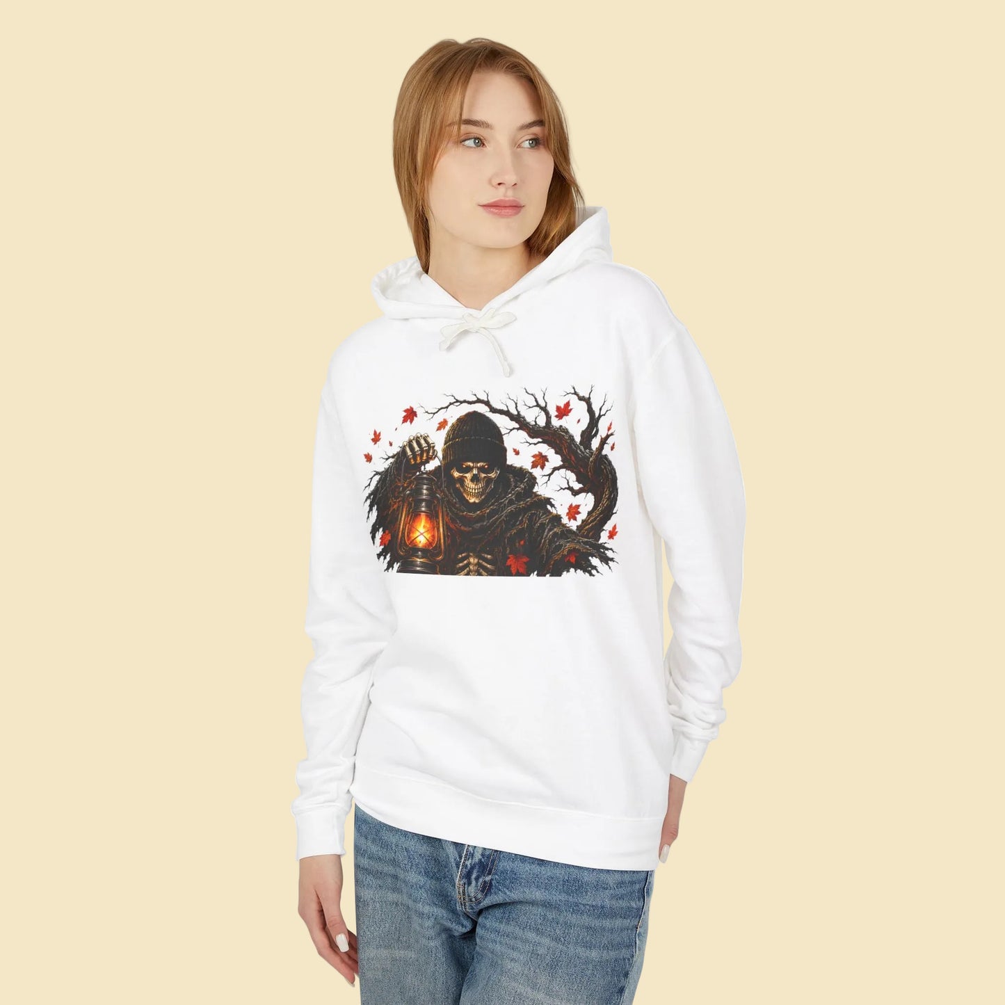 Skeleton Lantern Hoodie, Gothic Halloween Sweatshirt, Dark Fantasy Skeleton Cat Hoodie, Fall Graphic Hoodie