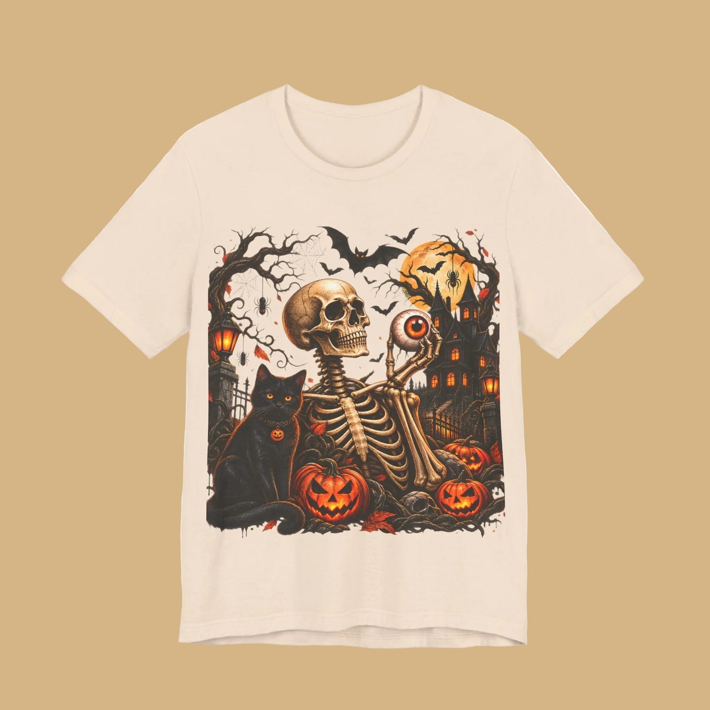 Gothic skeleton t-shirt with cat and black eyes | Spooky skull shirt | Haunted house Halloween t-shirt