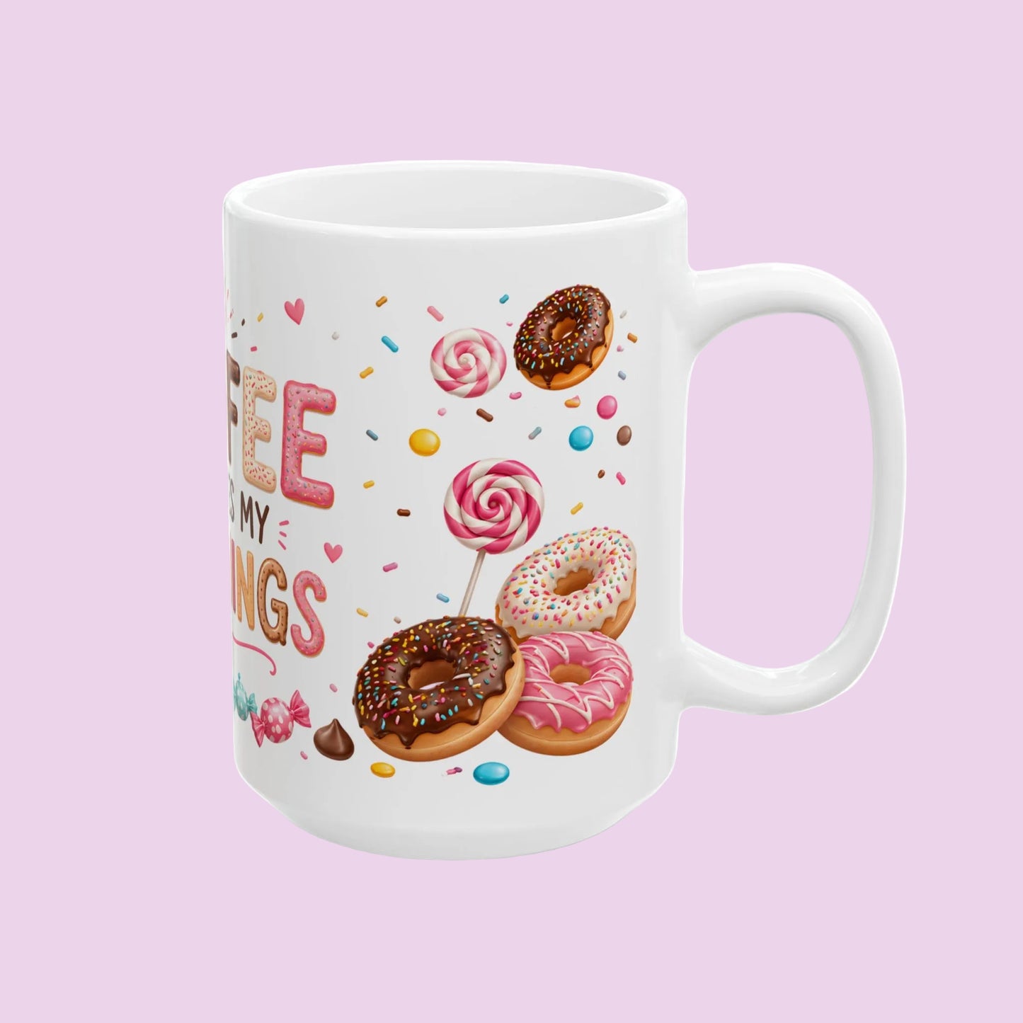 Coffee inspires my morning cup, donut-shaped coffee mug, adorable gift for coffee, cup of colorful treats