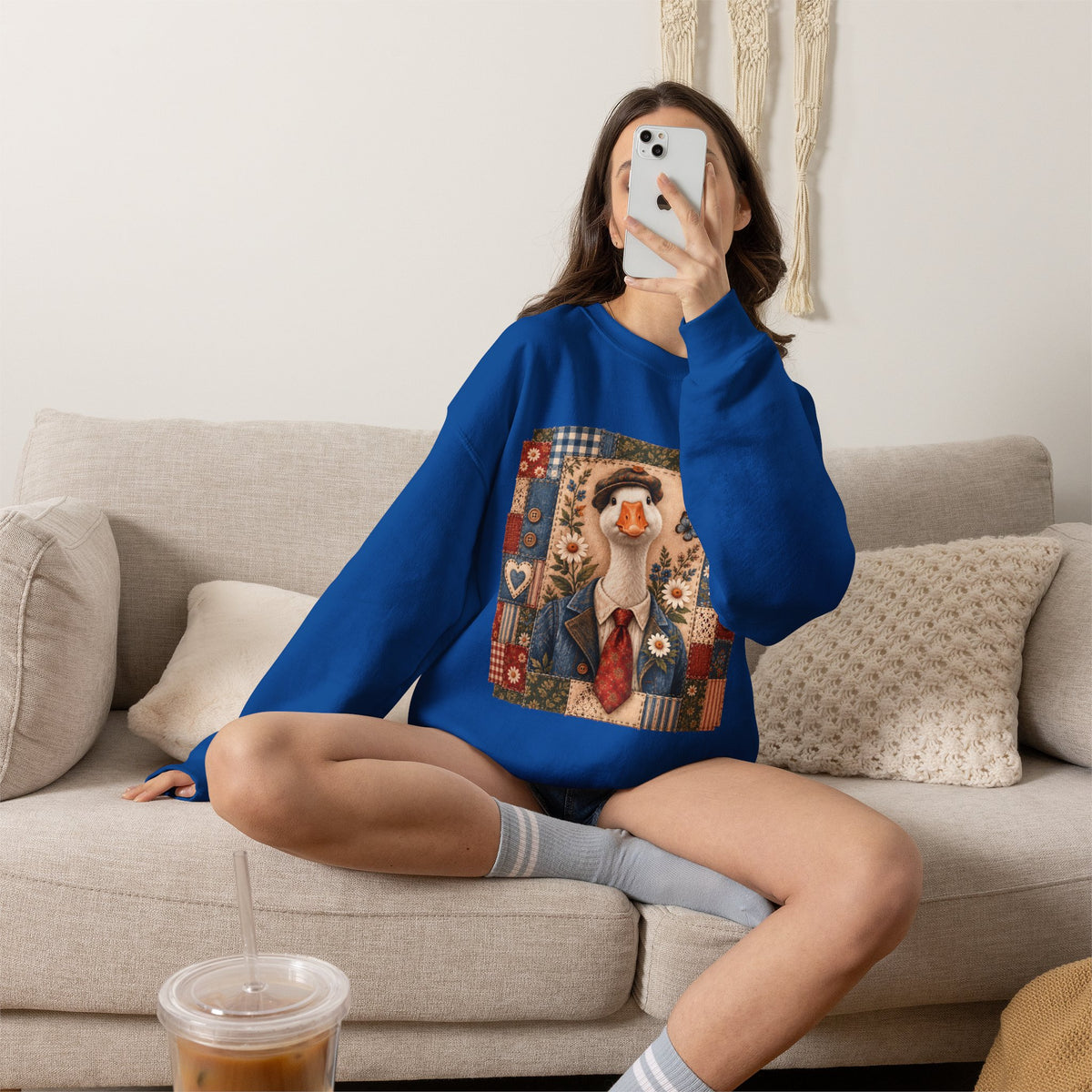 Goose Patchwork Sweatshirt, Vintage Goose Crewneck, Faux Applique Floral Sweatshirt, Cottagecore Bird Lover Gift, Unisex Gildan 18000