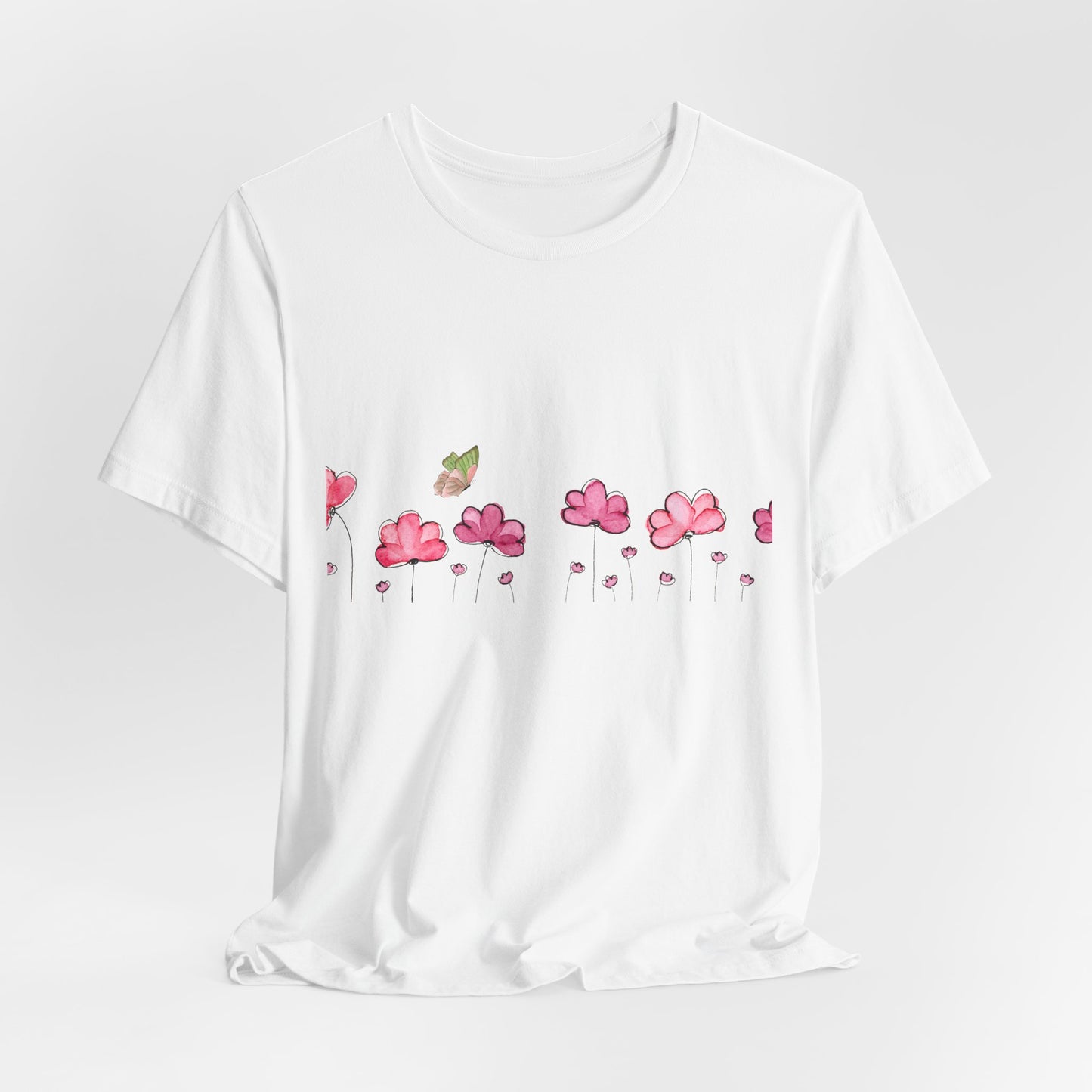 Floral butterfly T-shirt, botanical flower T-shirt, gift for nature lovers, spring T-shirt for women