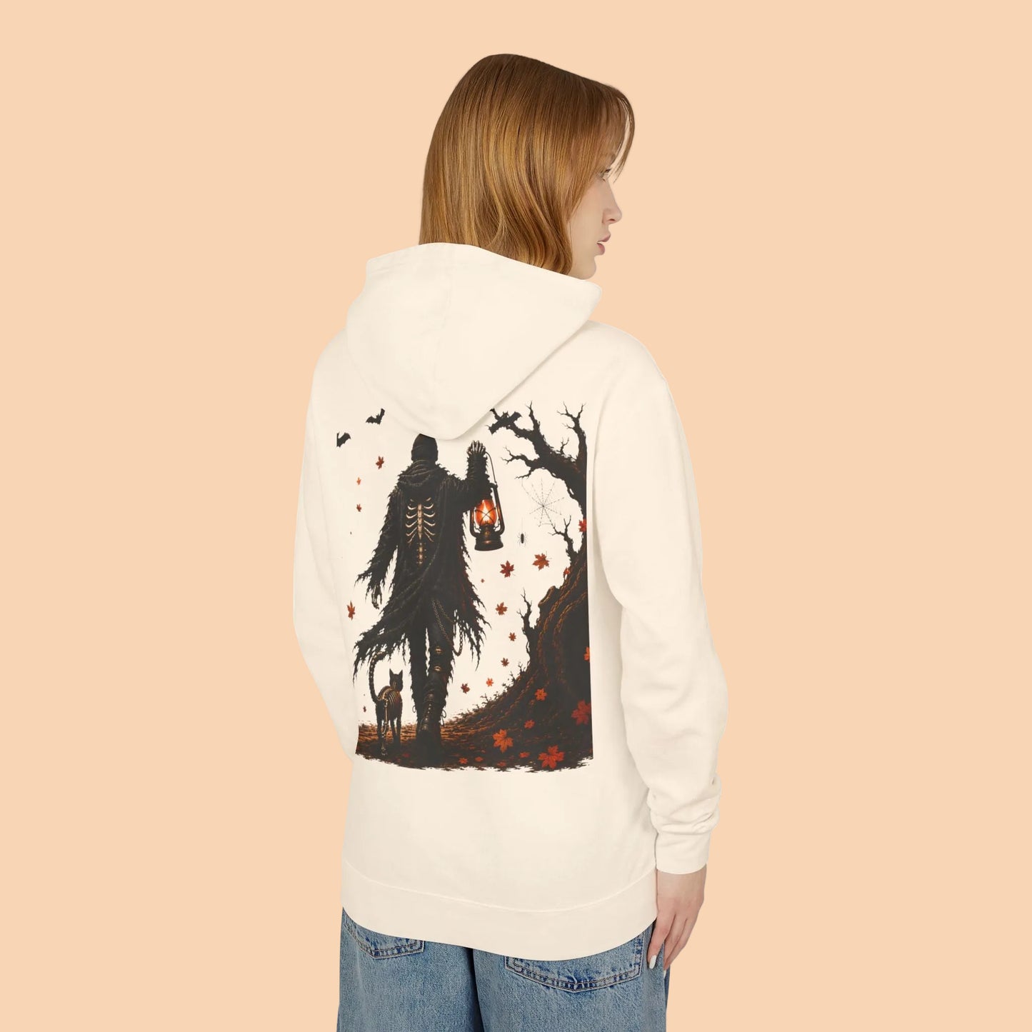 Skeleton Lantern Hoodie, Gothic Halloween Sweatshirt, Dark Fantasy Skeleton Cat Hoodie, Fall Graphic Hoodie