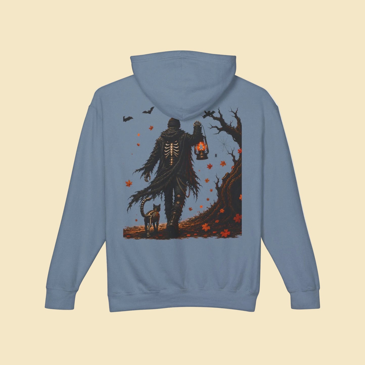 Skeleton Lantern Hoodie, Gothic Halloween Sweatshirt, Dark Fantasy Skeleton Cat Hoodie, Fall Graphic Hoodie
