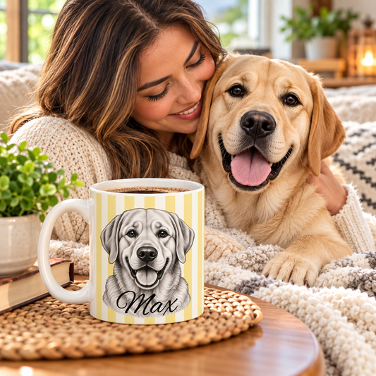 Personalized Labrador Retriever Mug, Custom Dog Name Coffee Cup, Black-and-White Dog Portrait Gift