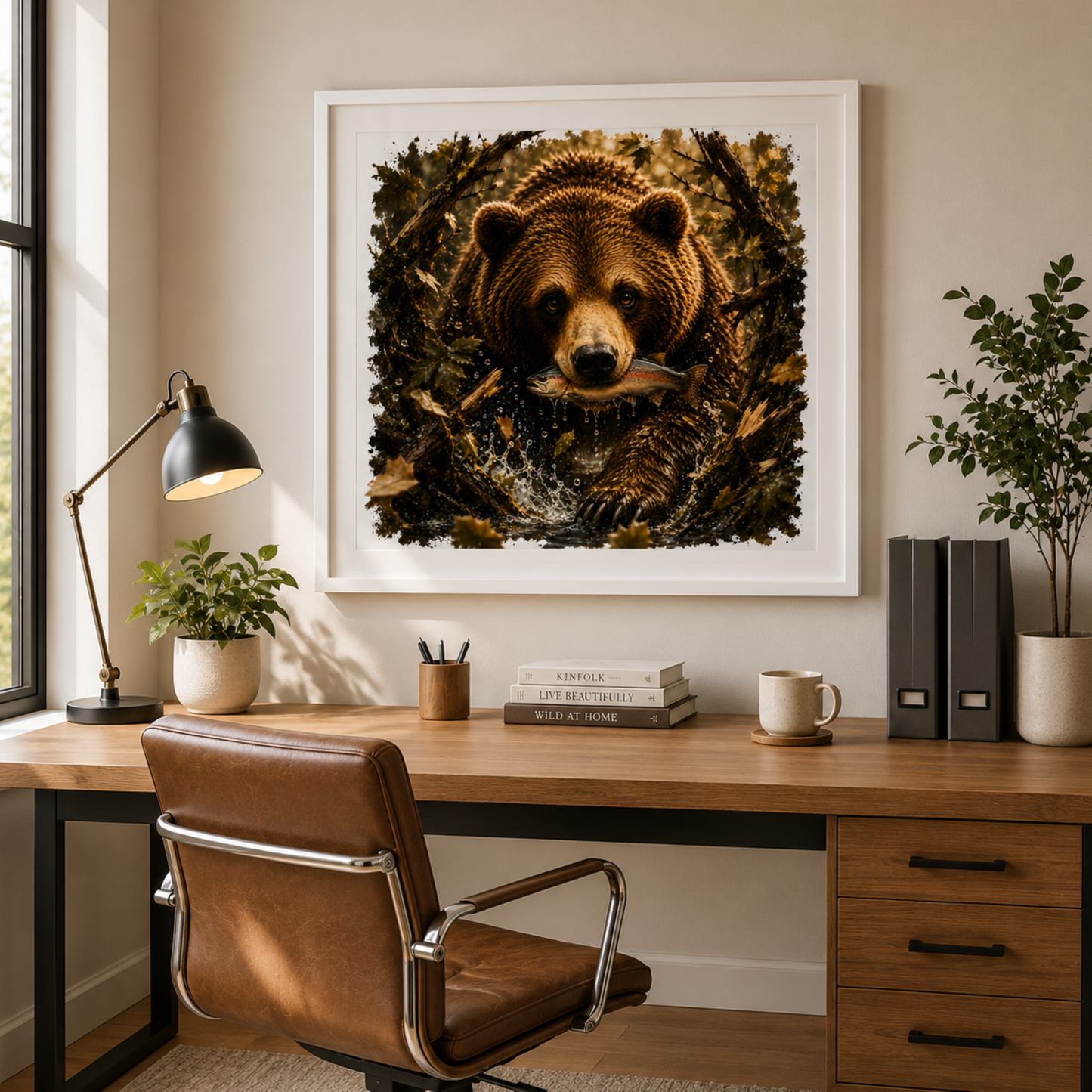 Fishing Teddy Bear Printable, Square Bear Wall Art, Woodland Digital Download, Rustic Cabin & Nursery Decor