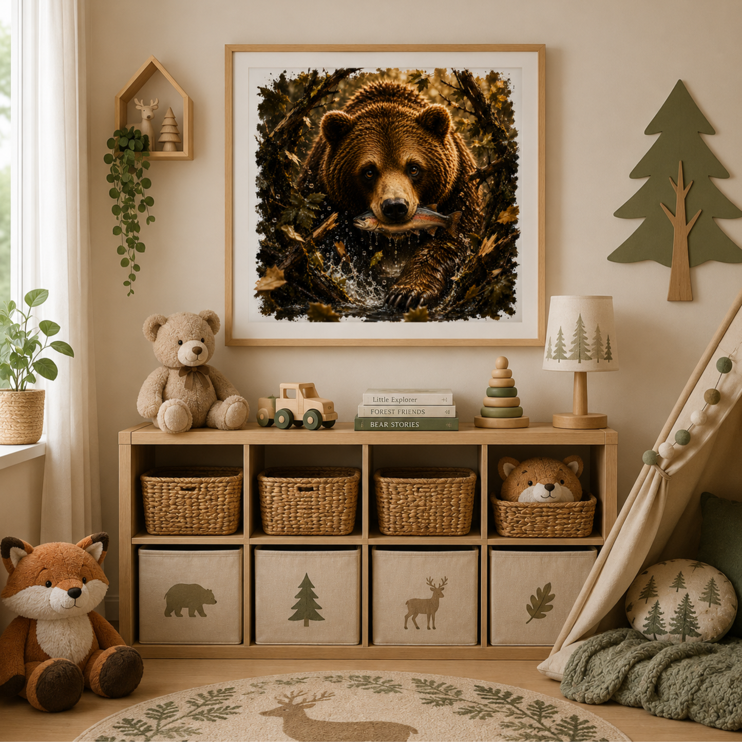 Fishing Teddy Bear Printable, Square Bear Wall Art, Woodland Digital Download, Rustic Cabin & Nursery Decor
