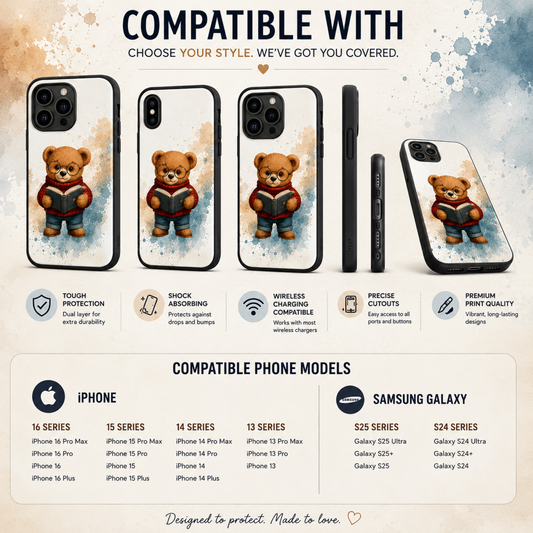 Personalized Teddy Bear Phone Case | Cute Book Lover iPhone & Samsung Case | Custom Name Floral