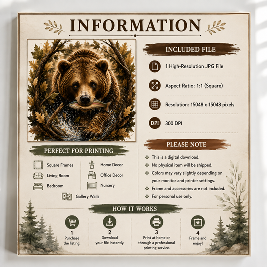 Fishing Teddy Bear Printable, Square Bear Wall Art, Woodland Digital Download, Rustic Cabin & Nursery Decor