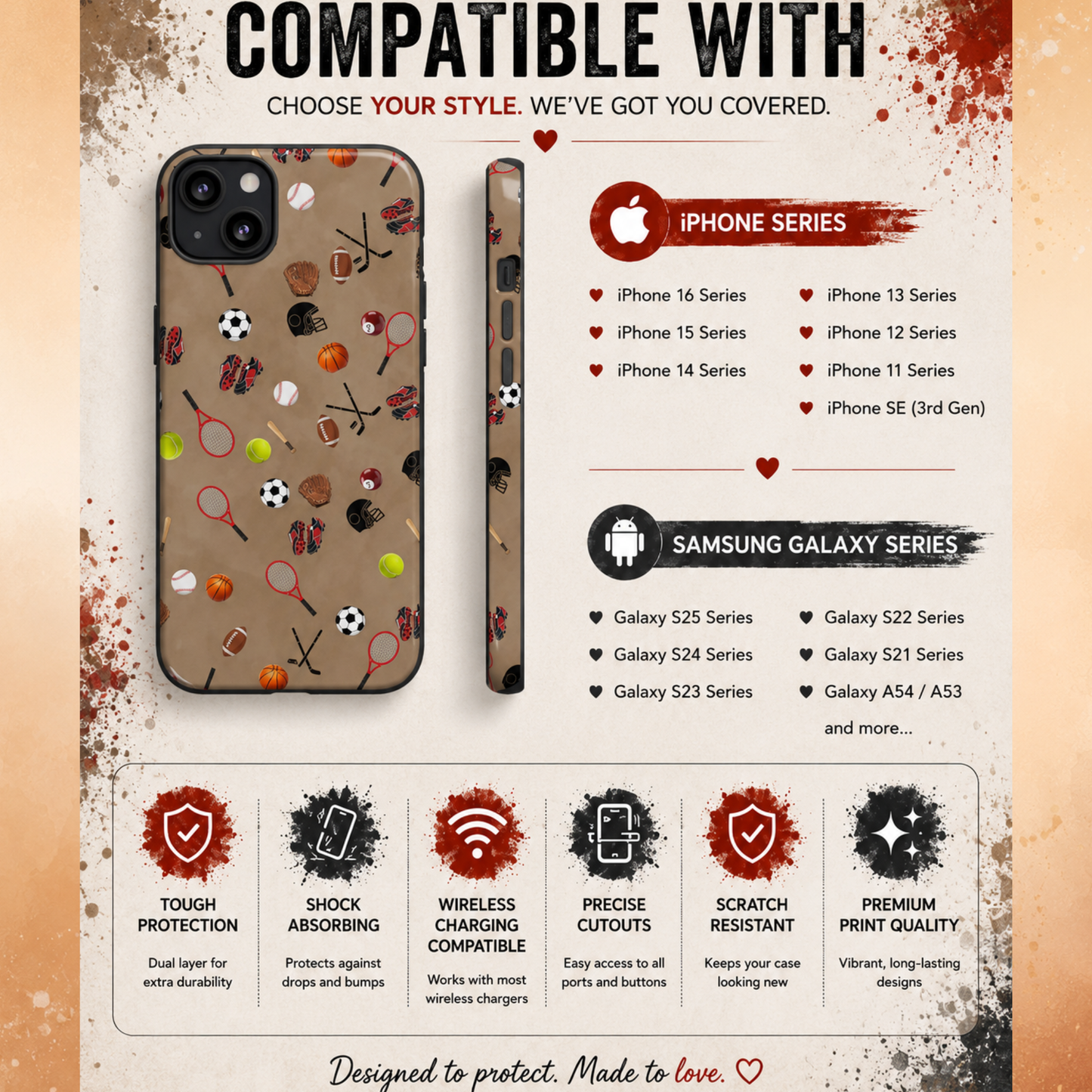 Sports Pattern Phone Case | Athletic iPhone & Samsung Tough Case | Soccer Baseball Basketball Tennis Football Design | Sports Lover Gift